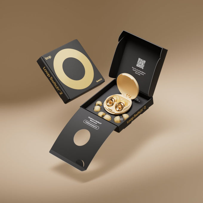 Loop Switch 2 gold earplugs in the packaging