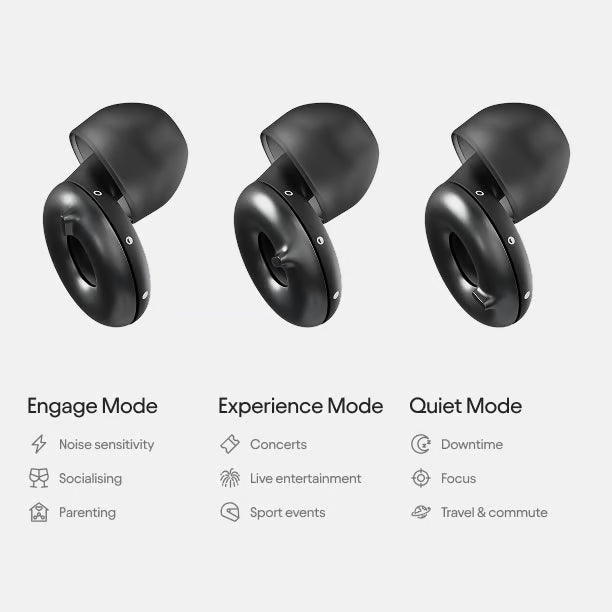 Loop Switch in black color showing the three different modes: Engage, Experience & Quiet