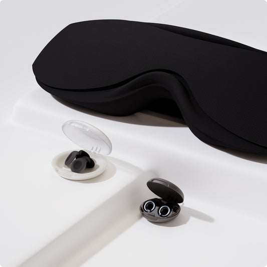 Loop Eclipse sleep mask, Loop Dream earplugs and Loop Switch earplugs on a white background