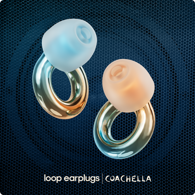 Loop x Coachella Experience 2 earplugs on a dark textured background with 'Coachella' branding.
