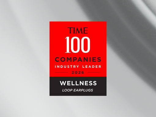 Red and black label with 'TIME 100 Companies Industry Leader 2026 Wellness Loop Earplugs' on a gray background
