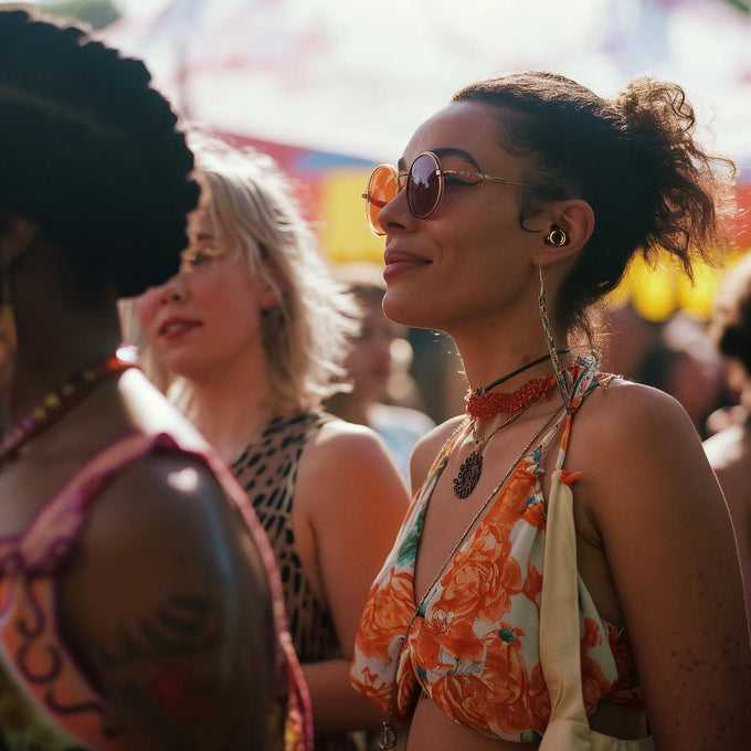 Woman wearing Loop Experience earplugs in a festival setting